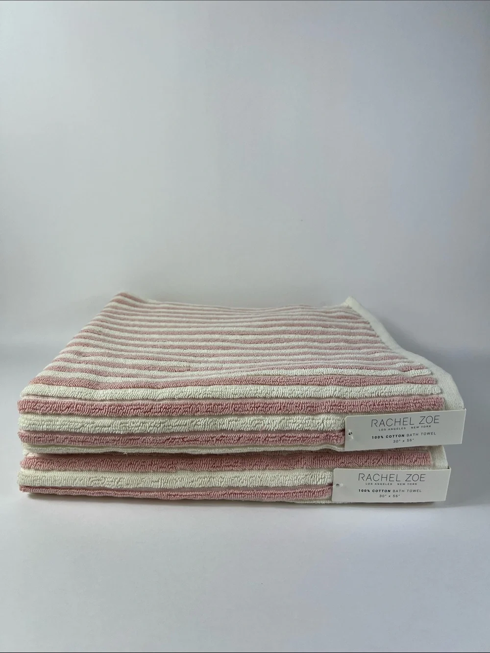 Rachel Zoe Pink and Cream Striped Cotton Bath Towels - Set of 2 NEW